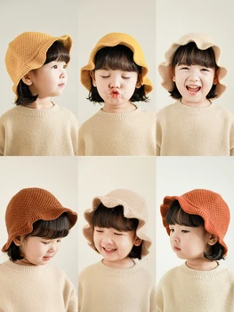 2021 Зимняя женская корейская рыбацкая шерстяная шапка с милыми оборками, детская однотонная вязаная шапка Tide