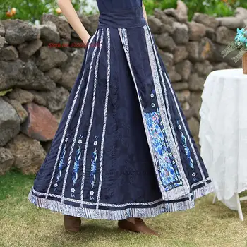 2023 китайская традиционная юбка, винтажная юбка трапециевидной формы с цветочной вышивкой и эластичным поясом, юбка в этническом стиле харадзюку, юбка для восточных народных танцев