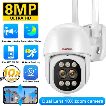 4K 8MP PTZ WIFI IP-камера 2,8 мм-12 мм с двойным объективом, 10-кратный ЗУМ, Камеры видеонаблюдения, Наружное Видеонаблюдение, Аудио, отслеживание Ai, WiFi-камера