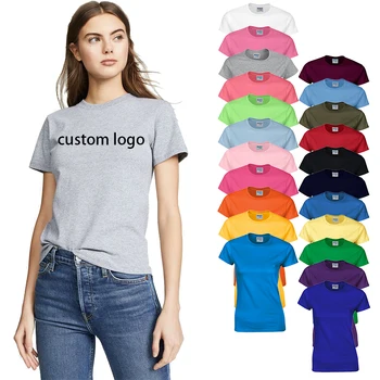 76000L Оптовая продажа, 100% хлопок, мягкая базовая однотонная футболка в повседневном стиле с графическим рисунком, женская однотонная футболка с логотипом на заказ с круглым вырезом