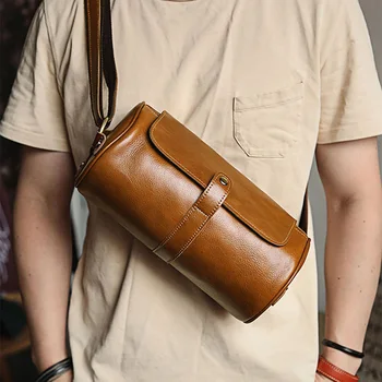 AETOO Мужская сумка-ранец из воловьей кожи, ретро сумка через плечо, нагрудная сумка, модный цилиндрический маленький рюкзак, кожаная сумка на одно плечо, tide men's b