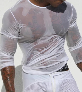 CLEVER-MENMODE, уникальная футболка, Мужские Сексуальные прозрачные футболки с длинным рукавом, топы, футболка, майка, прозрачная, для фитнеса, тонкая, повседневная