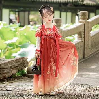 Hanfu Для маленьких девочек, Древнекитайский костюм, детская классическая вышивка, платье для сценических танцев, Восточная классическая вышивка, Фея