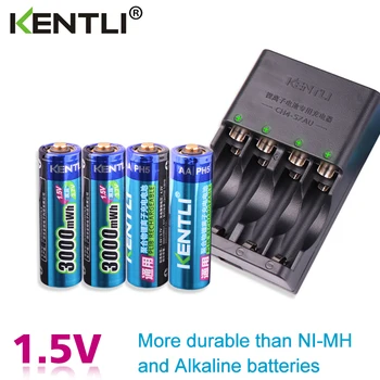 KENTLI 4шт 1,5 В aa 3000 МВтч Перезаряжаемая литий-ионная литий-полимерная литиевая батарея + 4 слота AA AAA литий-ионное умное зарядное устройство