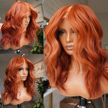 RONGDUOYI Короткий Волнистый оранжево-рыжий Боб, Синтетический парик на кружеве, средняя часть, Объемные волнистые парики для чернокожих женщин, использование светлых черных волос