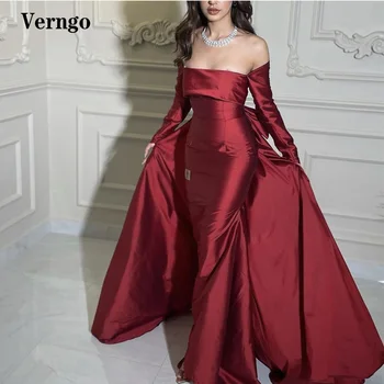 Verngo Темно-красные Вечерние платья Русалки из тафты С длинными рукавами и открытыми плечами, Сексуальное Простое вечернее платье для выпускного вечера