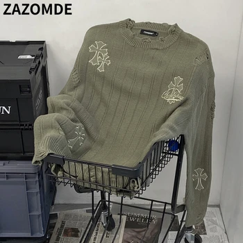 ZAZOMDE, Зимний винтажный поношенный свитер, пуловер в стиле хип-хоп, толстовки, уличная одежда Унисекс, теплая верхняя одежда, свитер с вышивкой, мужские