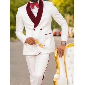 Белые двубортные костюмы для выпускного вечера для мужчин с бордовой бархатной шалью с лацканами, 2 предмета, Свадебные Смокинги для жениха, Мужской комплект, куртка, Брюки