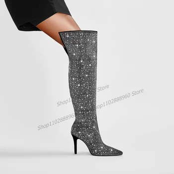 Большие Размеры, Черные Сапоги до колена с Украшением в виде кристаллов, Женская обувь на тонком Высоком каблуке с боковой молнией и Острым носком, Мода 2023 Года, Zapatos Para Mujere