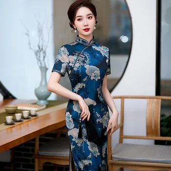 Весенне-осеннее Новое Платье-чонсам с разрезом средней длины в китайском стиле 2023, Улучшенное Приталенное Банкетное платье-Чонсам Темно-синего цвета Qipao