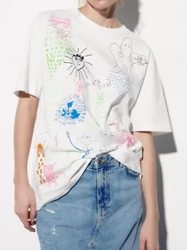 Весна/лето 2023, Новая женская повседневная контрастная футболка с графическим принтом Граффити, круглый вырез, короткий рукав