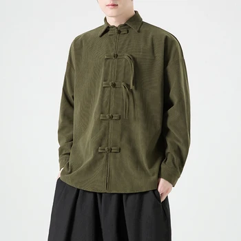 Высококачественная китайская вельветовая рубашка 2023 года, куртка для мужчин, Sinicism, Винтажная Свободная рубашка Hanfu, Мужская осенняя рубашка с пряжкой на циферблате, куртка