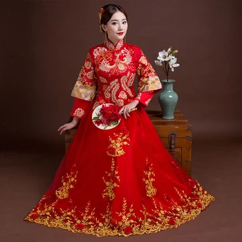 Высококачественное 6XL Красное Свадебное платье Ципао с вышивкой Феникса для невесты, Традиционное женское платье Ципао с вышивкой Феникса, китайские праздничные платья, Одежда