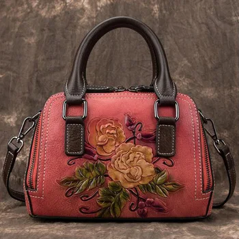 Высококачественные Женские сумки-Мессенджеры в ретро-китайском стиле, Женская сумка Через плечо из натуральной кожи с цветочным Тиснением