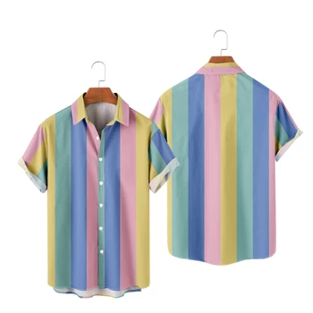 Гавайские рубашки для мужчин, Рубашки в цветную полоску с принтом, Летние топы с коротким рукавом для пляжного отдыха, дышащие