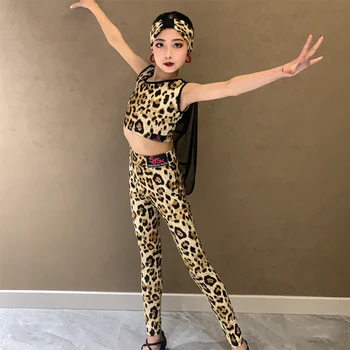 Детская одежда для латиноамериканских танцев, леопардовый топ для латиноамериканских танцев, брюки для девочек, детский профессиональный костюм для латиноамериканских танцев, одежда для выступлений на сцене SL8785