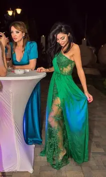 Длинные кружевные вечерние платья Русалки с бисером на одно плечо Длиной до пола, на молнии сзади, Зеленое Вечернее платье для женщин