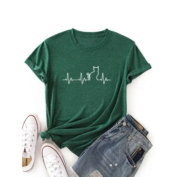 Женская футболка, летняя мода, принт электрического кота в виде сердца, круглый вырез, футболка из чистого хлопка с короткими рукавами, повседневная футболка kawaii для девочек большого размера