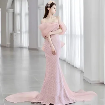 Женские вечерние платья Элегантного розового цвета с открытыми плечами, роскошное длинное бальное платье в стиле Русалки, одежда для тостов