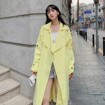 Женский тренч Весна 2023, Желтая Высококачественная куртка, Длинный Дизайн, Модные Повседневные Свободные Однотонные пальто
