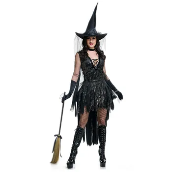 Женский черный сексуальный костюм ведьмы на Хэллоуин для взрослых, маскарадный костюм для вечеринки
