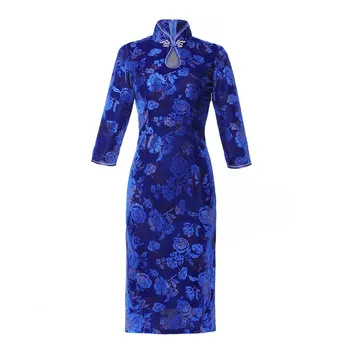 Женское Бархатное платье Чонсам с принтом и коротким рукавом, Тонкое китайское национальное Элегантное Винтажное Ципао От M До 4XL, черное, темно-синее