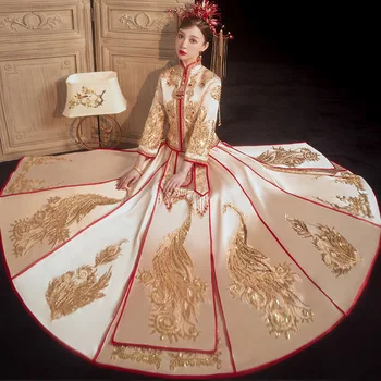 Женское Восточное свадебное платье в стиле Феникса с изысканными блестками, Роскошное Ципао в Древнем Королевском китайском стиле, свадебное платье Невесты Чонсам