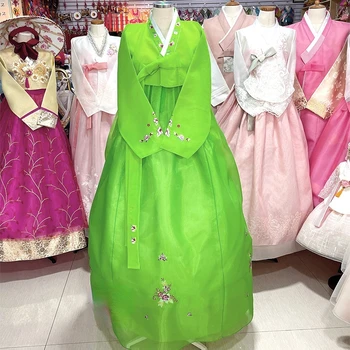 Женское Платье Ханбок, Ярко-зеленый Костюм Ханбок, вышитый вручную Этнический Традиционный Костюм Ханбок для Празднования Банкета, Одежда для Выступлений