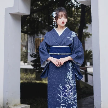 Женское Японское Традиционное Кимоно Синего Цвета, Официальная Одежда Для Фотосъемки Юката, Платье Для Выступлений, Одежда Для Косплея