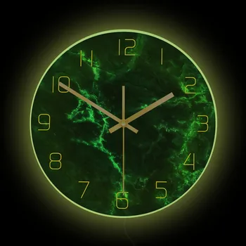 Изумрудно-зеленые настенные часы с мраморным принтом и светодиодной подсветкой, современный дизайн, часы для домашнего декора, Мраморное произведение искусства, Светящиеся настенные часы