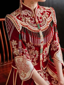 Изысканное Свадебное платье из Велюра в китайском стиле, Элегантный воротник-стойка, свадебные блестки, бисероплетение, Кисточки, Чонсам