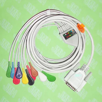 Используйте для 15-контактных аппаратов ЭКГ Nihon Kohden, Fukuda Cardisuny цельный кабель ЭКГ с 10 выводами и защелкивающиеся провода IEC или AHA.