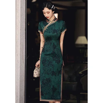 Китайский ретро-чонсам темно-зеленого цвета улучшенная ретро-республика элегантная облегающая длинная юбка традиционный женский чонсам
