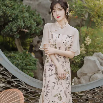 Китайское платье Cheongsam 2023, Модифицированное в ретро-стиле, с короткими рукавами и Принтом, Высококлассное Элегантное Платье Для Похудения Qipao Chi-pao