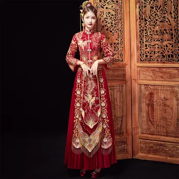 Китайское традиционное Свадебное платье, одежда Чонсам, Красные атласные топы с вышивкой Ципао для женщин, платье из золотой парчи