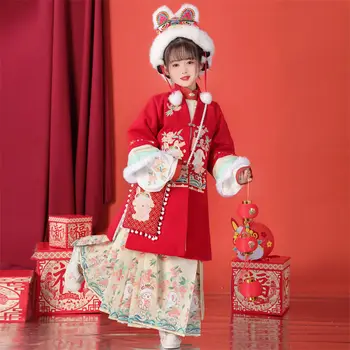 Комплект зимнего платья Hanfu для девочек в китайском стиле, 3 цвета, Винтажный Элегантный халат Династии Мин, пальто, Милая плиссированная юбка для детей