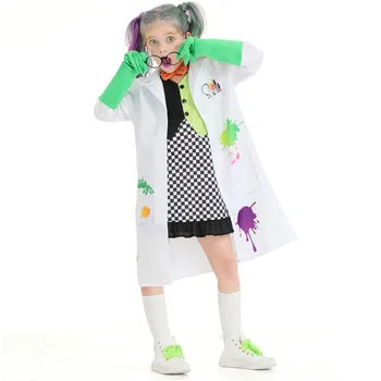 Костюмы Сумасшедшего ученого Для мальчиков и девочек, детский костюм для Косплея на Хэллоуин, ролевые игры, наряжаться В куртки, платья, Парик, костюм