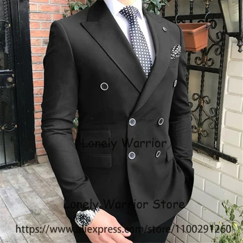 Красивые Черные мужские костюмы, Двубортный деловой Блейзер, приталенный банкетный смокинг, комплект из 2 предметов, куртка, брюки, костюм Homme