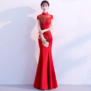 Красное Платье в пол с Вышивкой Цветами, Женское Ципао, Элегантное Свадебное Платье Невесты, Традиционное Китайское Вечернее Платье, Атласная Юбка