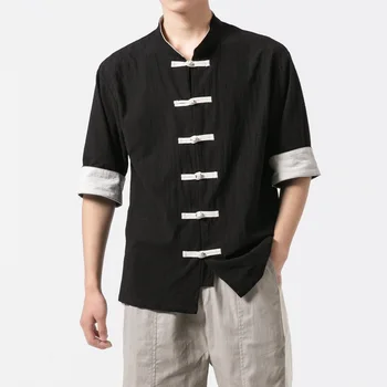 Летняя льняная рубашка Мужская Рубашка на пуговицах в китайском стиле, Летние Рубашки с коротким рукавом, мужские однотонные топы