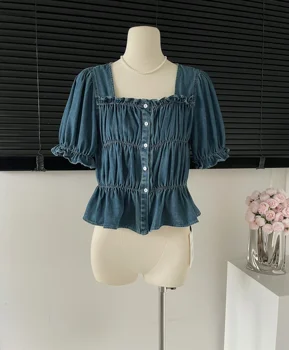 Летняя однобортная джинсовая рубашка с квадратным воротником, женская рубашка с пышными рукавами на талии