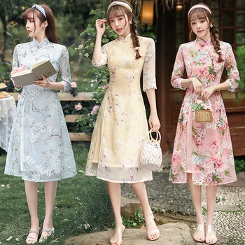 Лето 2023, Повседневное Платье средней длины AoDai Cheongsam, Улучшенное Современное Вьетнамское Традиционное Платье, Тонкое Элегантное Модное Ципао для Женщин