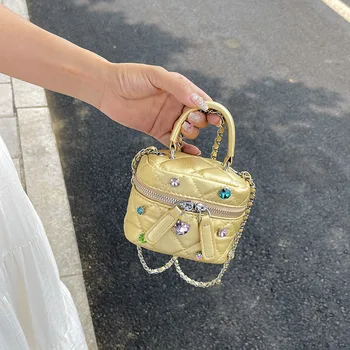 Модная сумка в клетку в виде Ромба, Женская сумка-ведро Со Стразами, сумка для Губной помады, Мини-косметичка из искусственной кожи, сумка через плечо с цепочкой