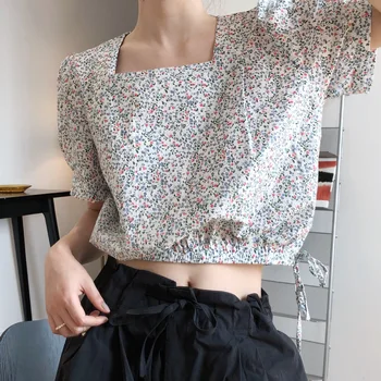 Модная футболка с короткими рукавами в мелкий помятый цветок, женская летняя новая корейская версия короткого топа с пузырчатыми рукавами и высокой талией