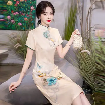 Модное платье Чонсам с коротким рукавом и элегантным принтом в стиле ретро, китайское традиционное тонкое вечернее длинное платье Ципао, современное 4XL