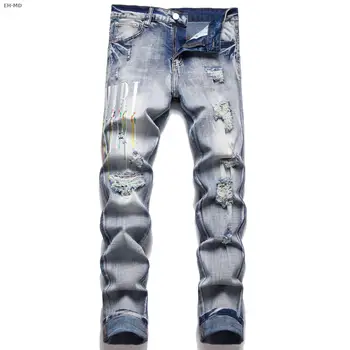 Модные мужские джинсы с вышивкой американского модного бренда, Стрейчевые светлые брюки с принтом, раскрашенные радужной строчкой