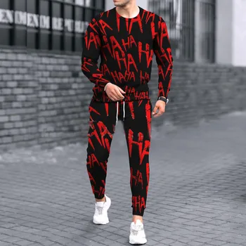 Мужская одежда из 2 предметов, спортивные костюмы, Комплект футболок с 3D принтом и длинным рукавом, красная уличная одежда, повседневная мужская футболка из двух предметов, костюм Оверсайз