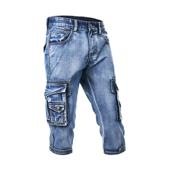 Мужские модные джинсовые шорты-карго с множеством карманов, облегающие джинсовые шорты для мужчин, прямые Длинные синие мужские шорты до середины икры