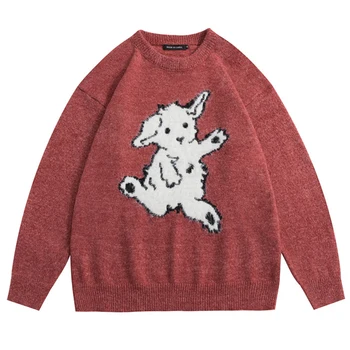 Мужской свитер с круглым вырезом и мультяшным кроликом, Модный повседневный свитер свободной вязки, уличный Harajuku, Удобный пуловер Оверсайз