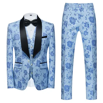 Небесно-Голубые Мужские костюмы с 3D Жаккардовым рисунком и цветочным рисунком, ведущий, церемониймейстер, Свадебные костюмы для жениха, комплект из 3 предметов (куртка + брюки + жилет)